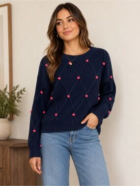 Alya Navy Pink Pom Pom Diamond Knit Sweater Pullover Crewneck Cozy Size M